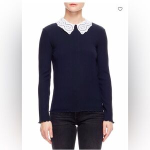 Sandro Paris Capucines Lace-Collar Jersey T-Shirt in Deep Navy